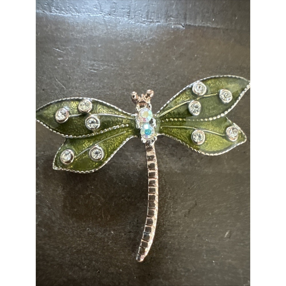 Green Enamel Dragonfly Brooch Pin Silver Color Retro Vintage Estate Boho